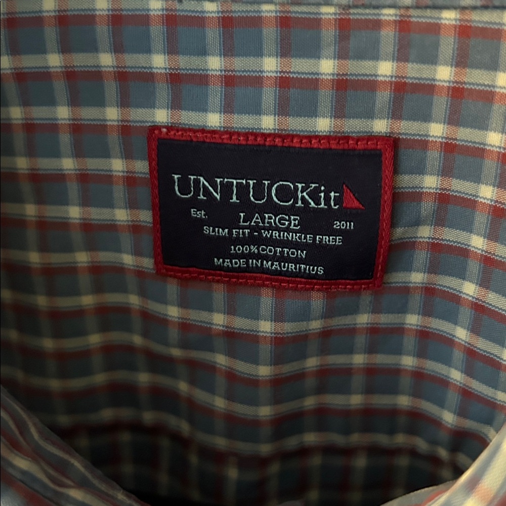 Untuckit Shirt Blue Red White Plaid Check Button Down Up Dress Office Mens Large - Picture 4 of 7